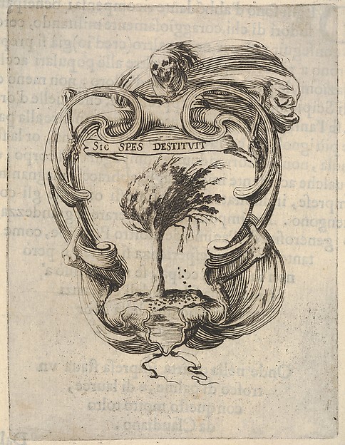 A cartouche with a tree blowing in the wind, a skull with drapery at top, bones to either side, from "Eight Emblems for the Funeral of Francesco de Medici" (Huit emblèmes pour les funérailles du prince François de Médicis)