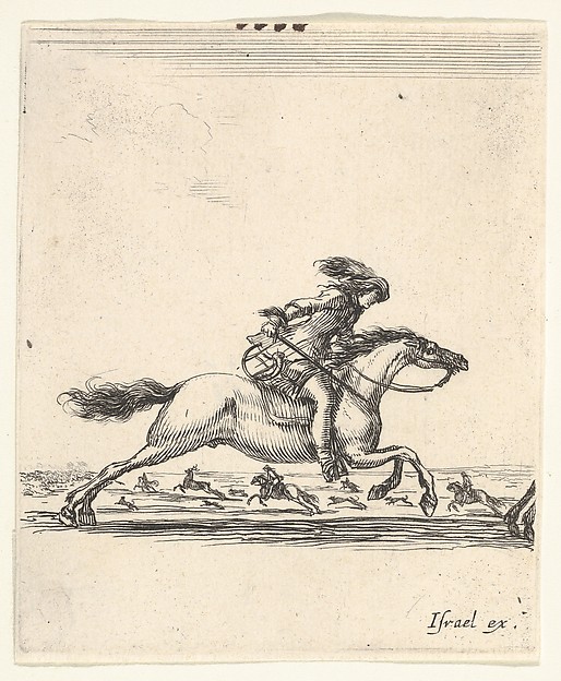 A horseman with sword in hand galloping towards the right, other horsemen galloping towards the left in the background, from "Various cavalry exercises" (Diverses exercices de cavalerie)