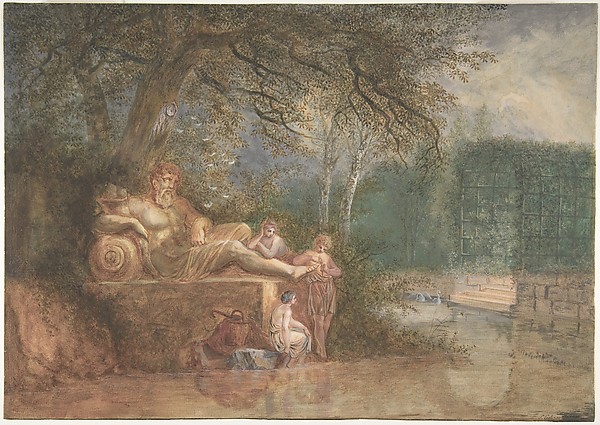 A Park with Figures at a Statue near Water