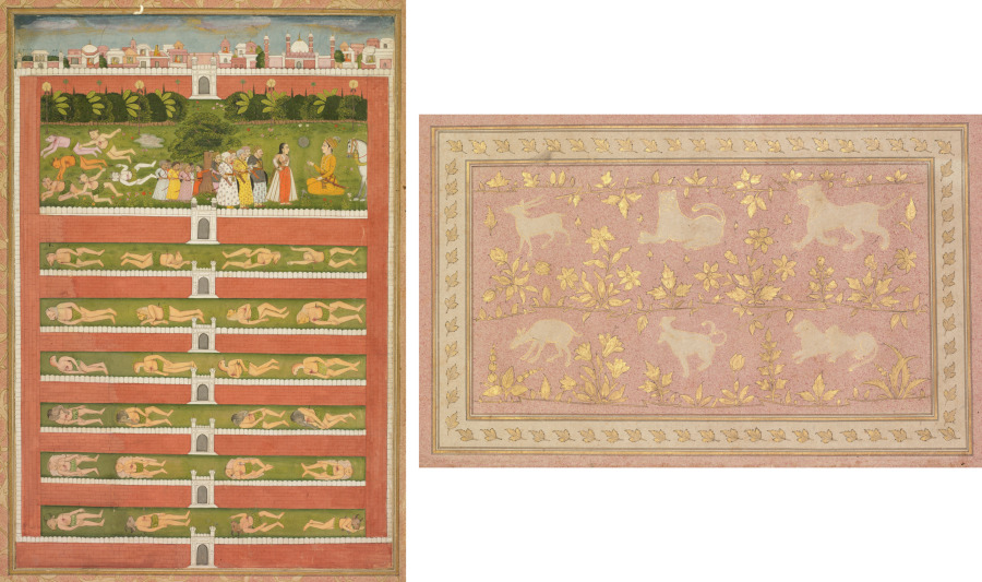 A Princess and Demons before a Nobleman: A Leaf from a Poetical Romance Relating to Shah Alam I (recto); Stenciled Scenes of Lion and Gazelle (verso)