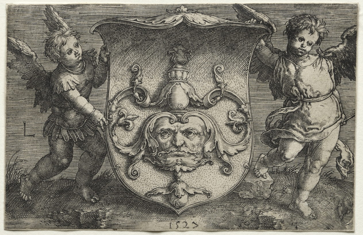 A Shield Bearing a Mask Supported by Two Genii