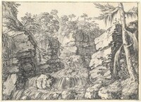 A Waterfall between Rocky Cliffs