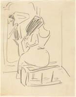 A Woman Combing Her Hair in Front of a Mirror