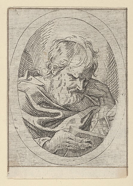 An apostle resting his head on his left hand and reading a book, in an oval frame, from "Christ, the Virgin, and Thirteen Apostles"