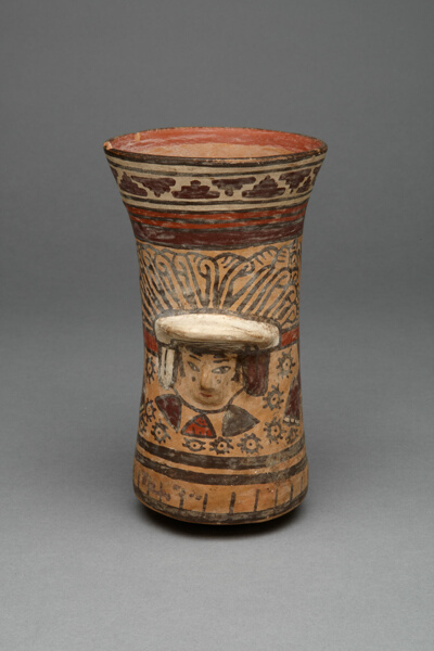Beaker with Modeled Head Surrounded by Painted Abstract Motifs