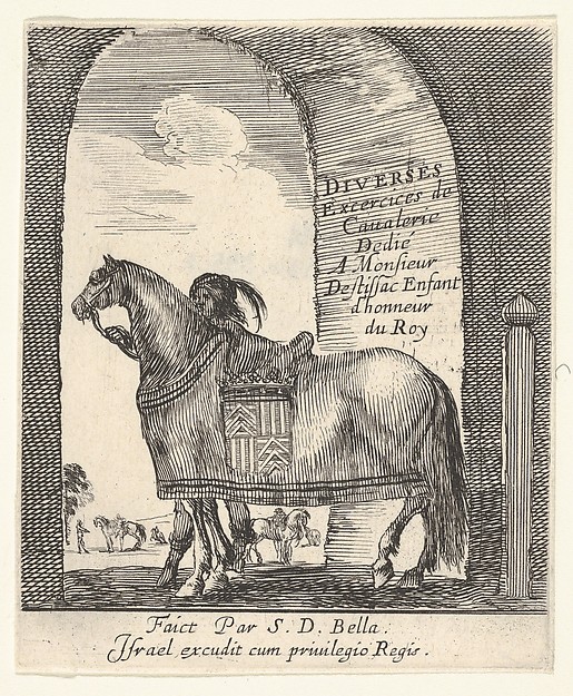 Beneath an archway, a groom holds the bridle of a horse shown in profile, facing left, the title page for "Various cavalry exercises" (Diverses exercices de cavalerie)