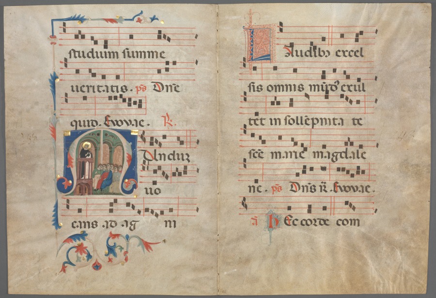 Bifolium from an Antiphonary: Initial M with Saint Dominic Preaching