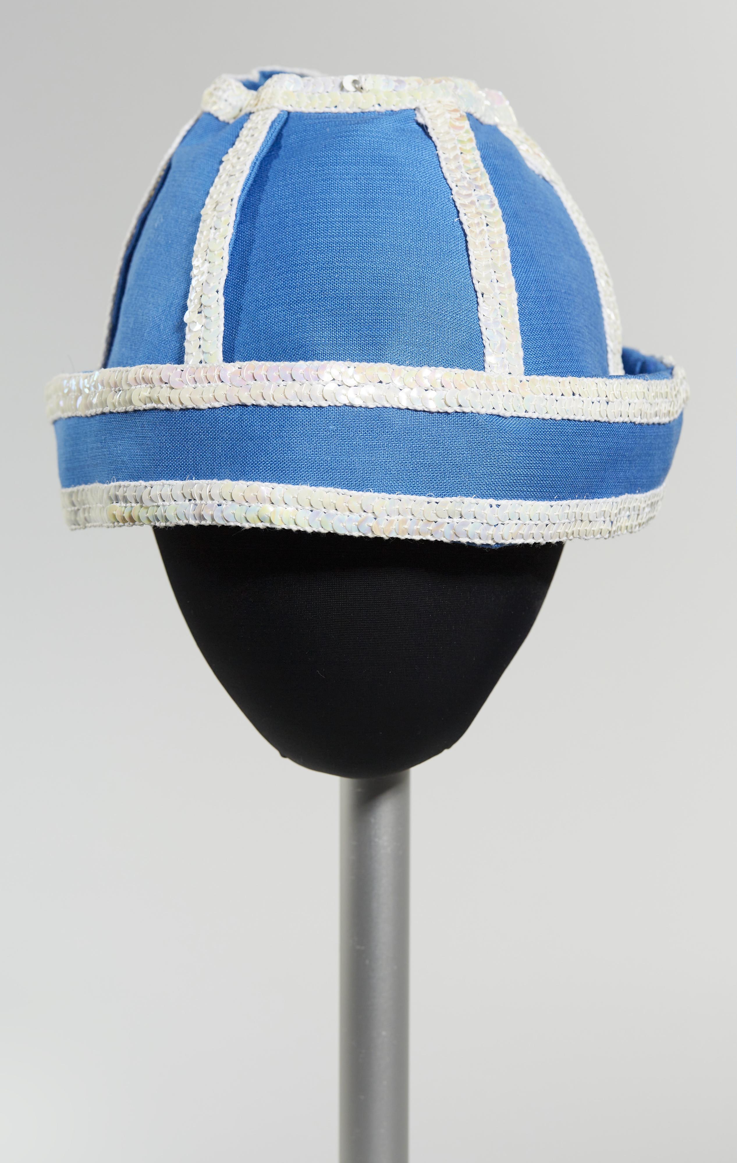 Blue crownless hat with sequins