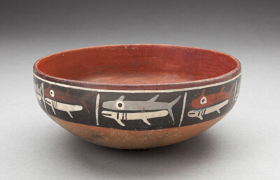 Bowl Depicting Row of Fish or Sharks Separated by Vertical Lines