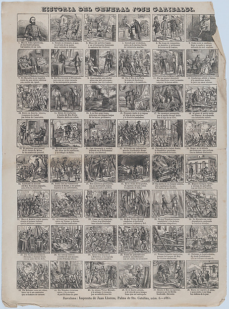 Broadside with 48 scenes relating to the life of Giuseppe Garibaldi