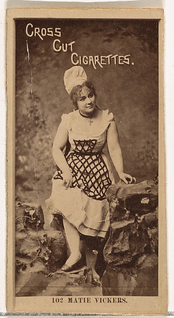 Card Number 102, Miss Mattie Vickers, from the Actors and Actresses series (N145-2) issued by Duke Sons & Co. to promote Cross Cut Cigarettes