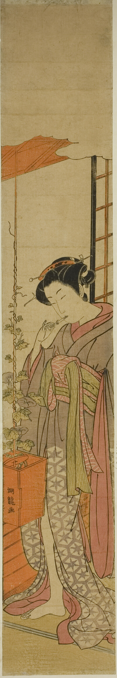 Courtesan Admiring Morning Glories while Cleaning Her Teeth