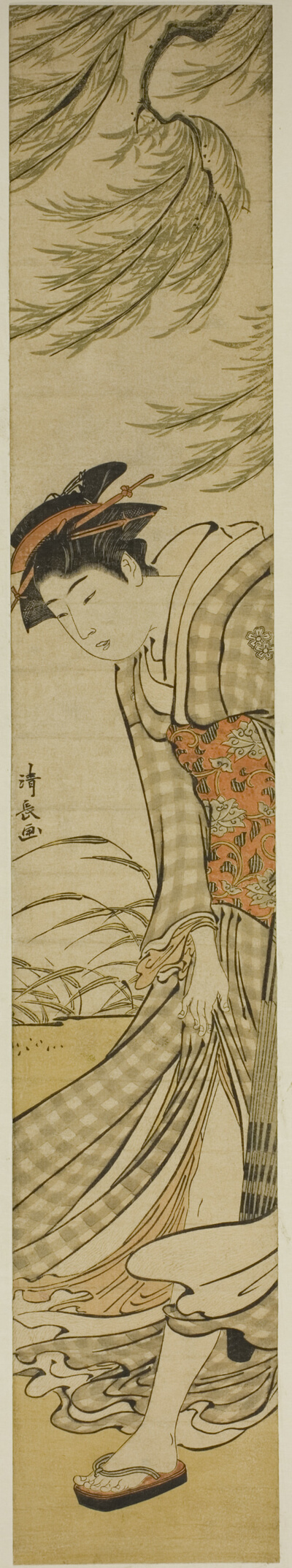 Courtesan Walking Under a Willow Tree on a Breezy Day