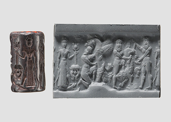 Cylinder seal and modern impression: heroes and animals in combat, head of the monster Humbaba
