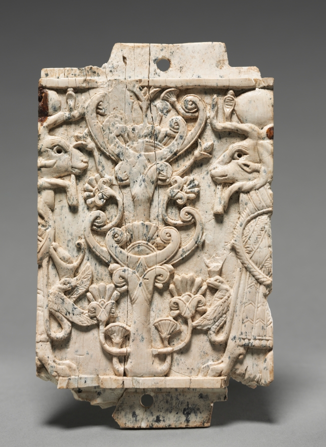 Decorative Plaque: Ram-Headed Sphinxes Flanking a Sacred Tree