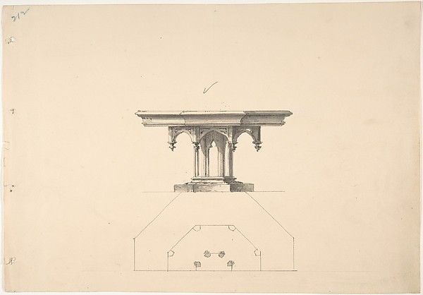 Design for an Octagonal Gothic Pedestal Table with Pendentives: Elevation and Plan