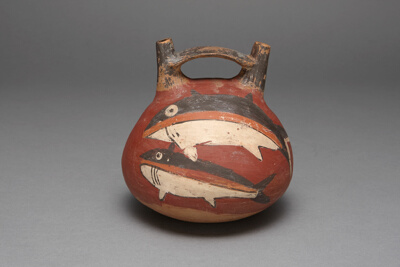 Double Spout Vessel Depicting Sharks