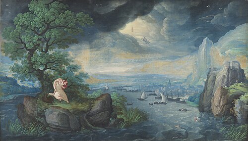 Fantasielandschap met Johannes de Evangelist op Patmos