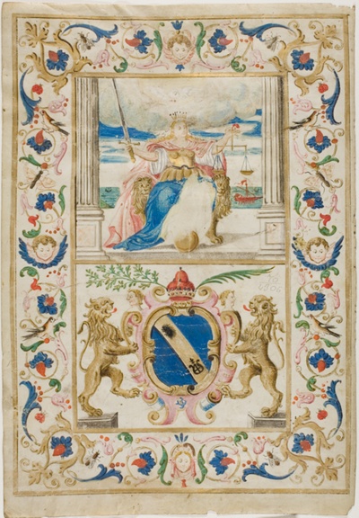 Figure of Justice and Shield with Lions Rampant