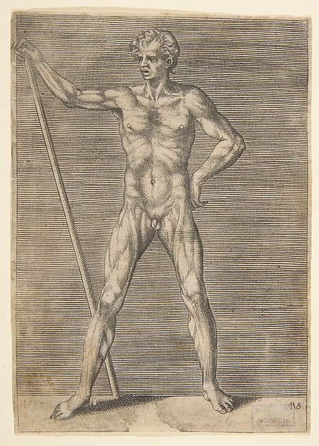 Flayed man seen frontally, holding a stick