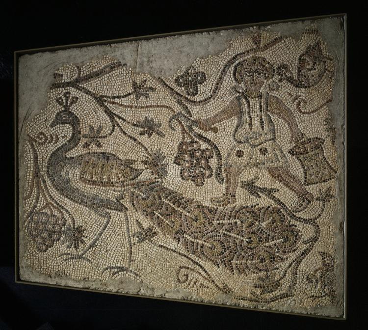 Floor Mosaic Panel: Grape Harvester with Peacock
