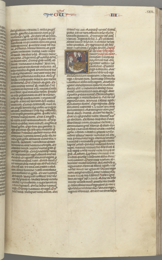 Fol. 123r, Kings III, historiated initial E, an attendant bringing Abishag to David who lies on a bed