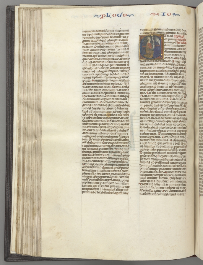 Fol. 76v, Joshua, historiated initial E, Joshua with a scroll kneeling before God
