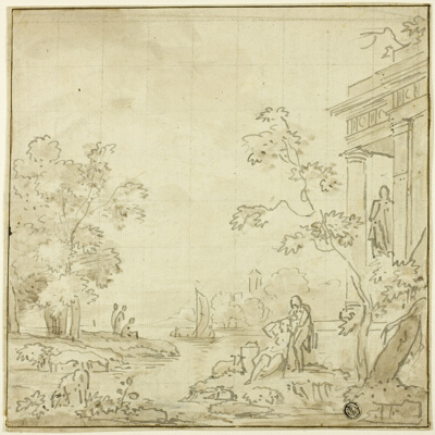 Harbor Scene with Figures, Temple