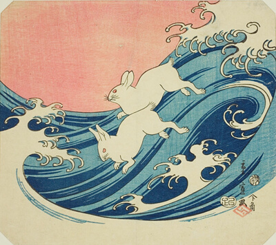 Hares running across waves.