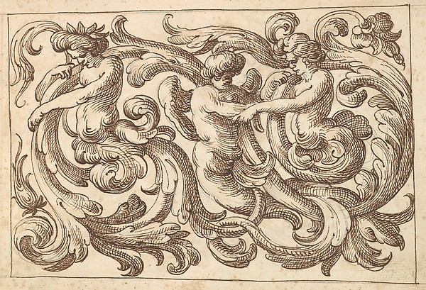 Horizontal Panel Design with Three Young Male Figures Interspersed between Acanthus Rinceaux