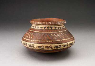Jar with Bands of Geometric Motifs and Abstract Birds