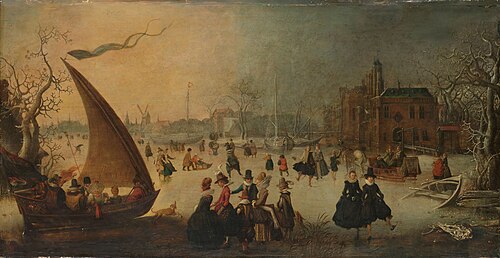 Landscape with frozen canal, skaters and an ice-boat