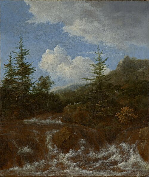 Landscape with waterfall and pine trees