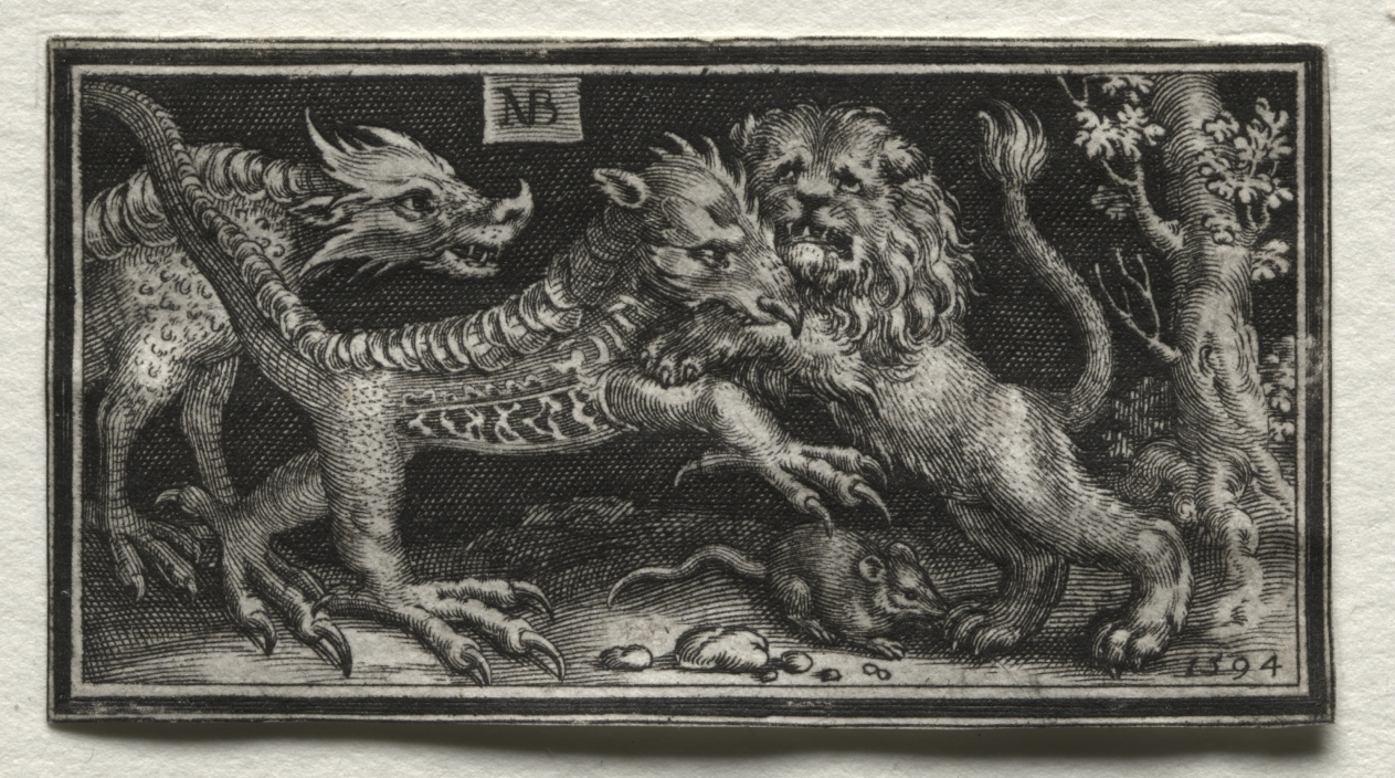 Lion Fighting two Beasts