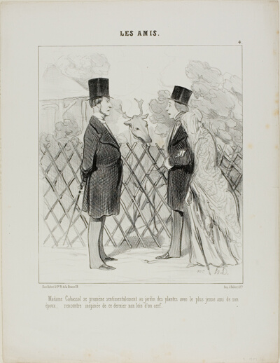 Madame Cabassol going for a romantic stroll in the botanical gardens together with the youngest friend of her husband's. Sudden encounter with the latter not far from a stag, plate 4 from Les Amis