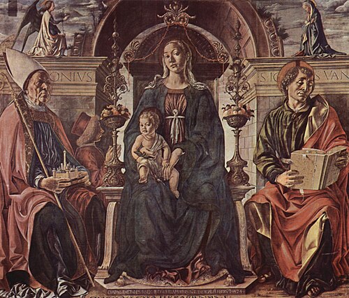 Madonna enthroned with child and Saints Petronius and John the Evangelist