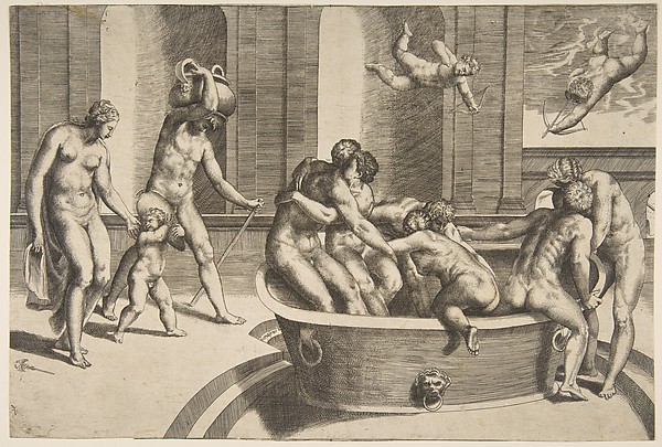 Men and women bathing, some embracing
