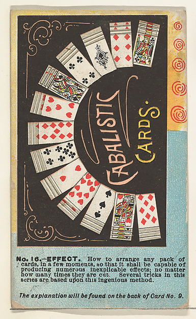 Number 16, Cabalistic Cards, from the Tricks with Cards series (N138) issued by W. Duke, Sons & Co. to promote Honest Long Cut Tobacco