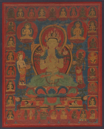 Painted Banner (Thangka) of Bodhisattva Maitreya Surrounded by his Retinue