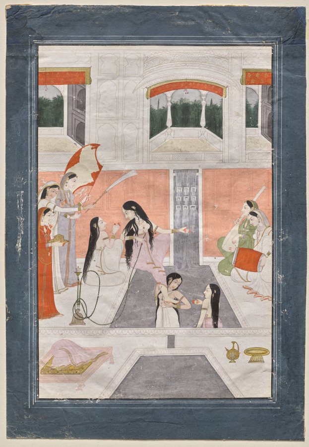 Palace women enjoy music by the side of a cascade