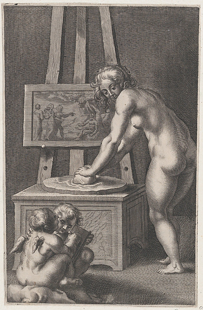 Pictura: allegory of painting, with a nude woman at center grinding pigments, two putti drawing at lower left