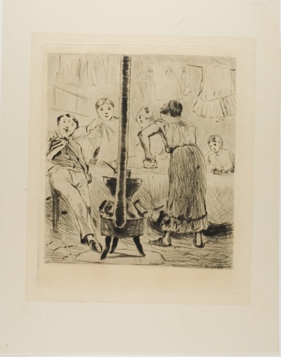 Plate from l'Assommoir (women ironing, man seated before a woodstove)