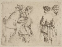 Pole Holding the Bridle of a Horse while Speaking with Two Other Men