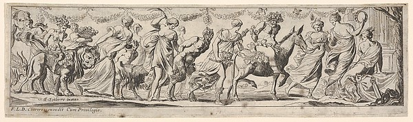 Procession of draped women leading captives and animals, at left Envy rides a lion, at right Silenus rides a donkey, from a series of twelve frieze-like designs showing bacchanals, sacrifices, and dances