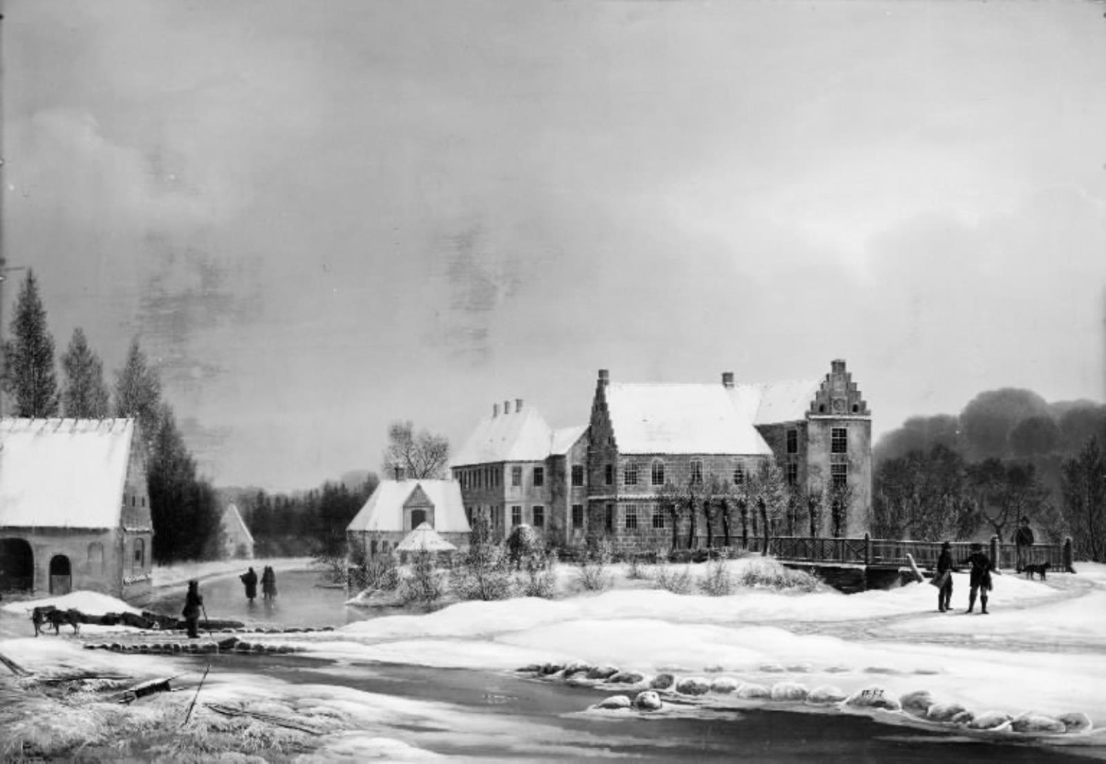 Prospekt af hovedgården Lykkesholm på Fyn. Vinter