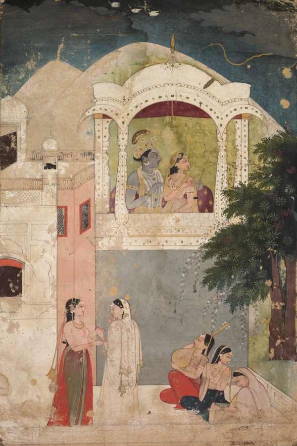 Radha and Krishna seated on a balcony