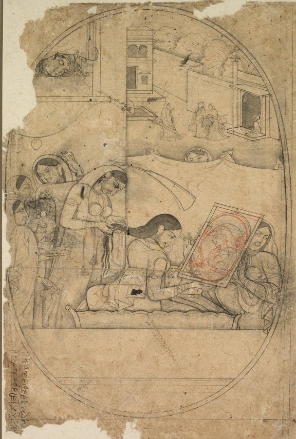 Radha's hair being dressed