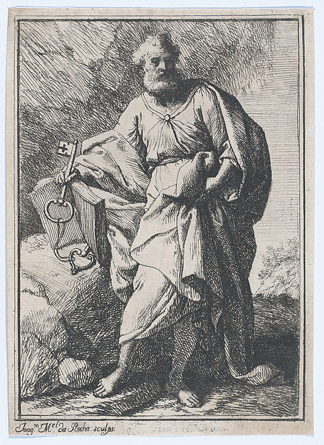Saint Peter holding keys and an open book, facing left