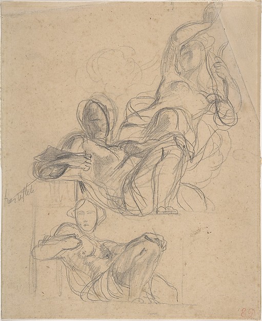 Sheet of figure studies: two studies of a reclining figure, and a seated figure holding a lyre (?)