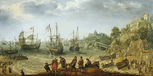 Ships off a rocky coast